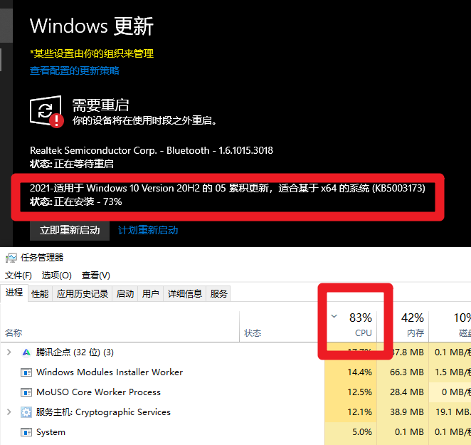 2021年5月補丁KB5003173，修復Win10 20H2/20H1版CPU占用超高的問題