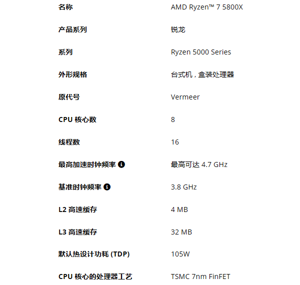 AMD Ryzen 7 5800X參數(shù)